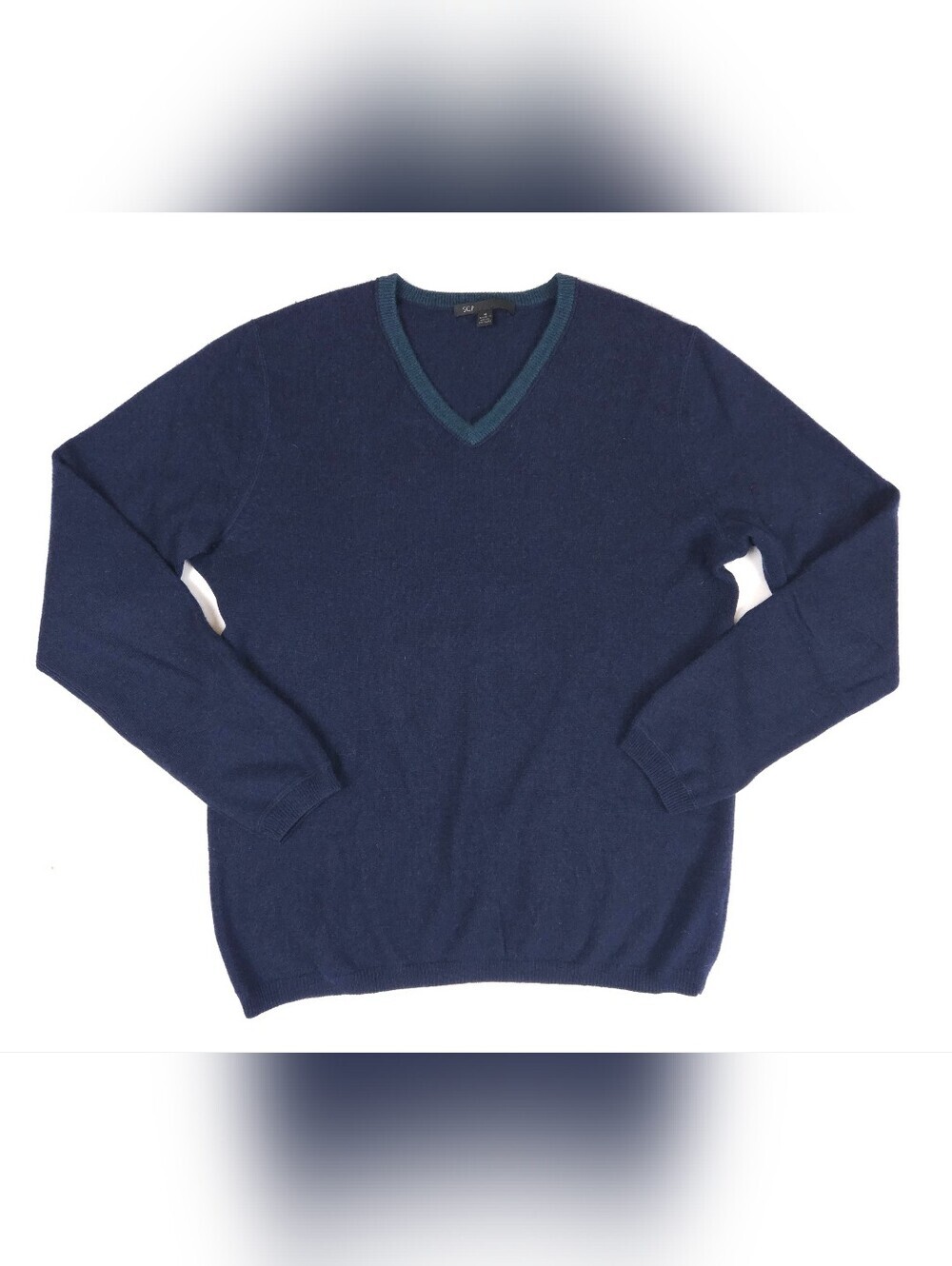SCP 2-Ply Plush Cashmere Sweater Navy Blue Green V-Neck Mens Medium